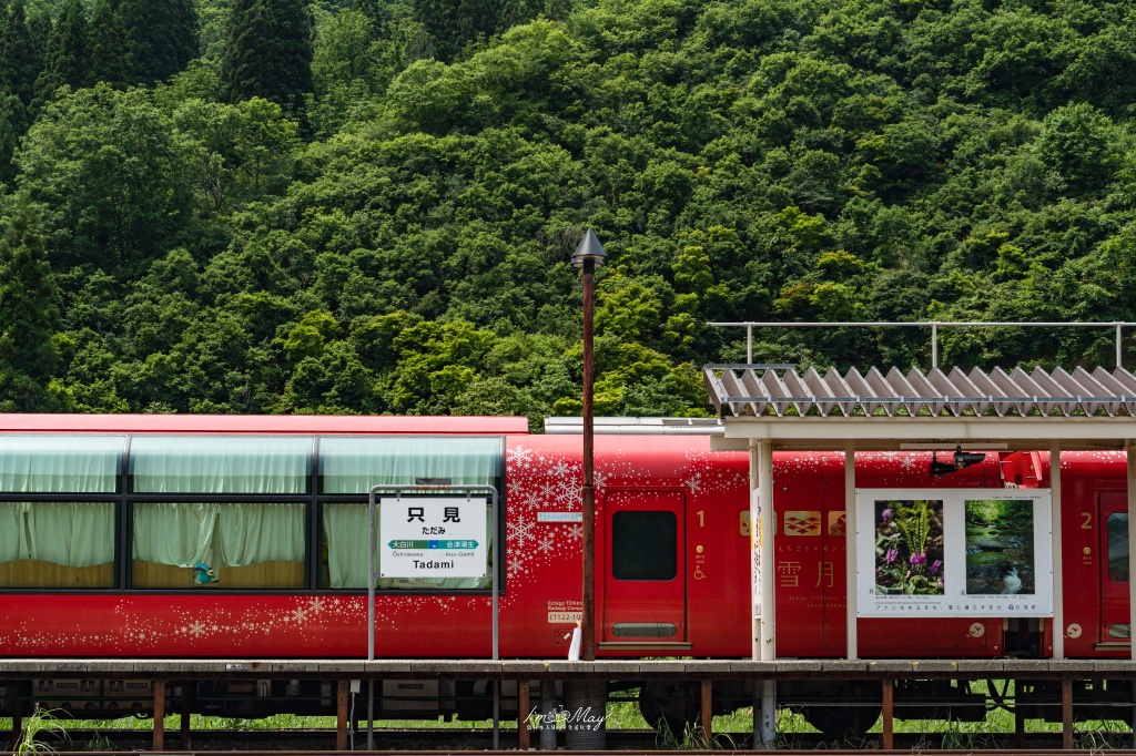 初夏只見線攝影記錄｜新潟奢華觀光列車「雪月花」首度駛入只見線，火山紅列車與初夏溪谷的夢幻相遇 @偽日本人May．食遊玩樂
