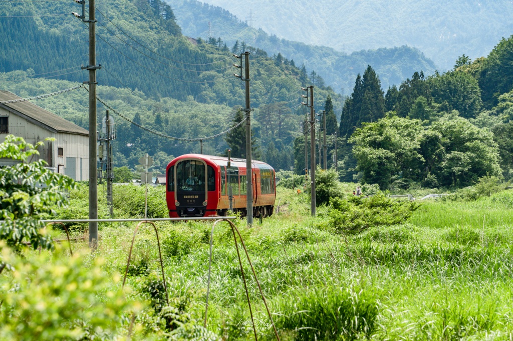 初夏只見線攝影記錄｜新潟奢華觀光列車「雪月花」首度駛入只見線，火山紅列車與初夏溪谷的夢幻相遇 @偽日本人May．食遊玩樂